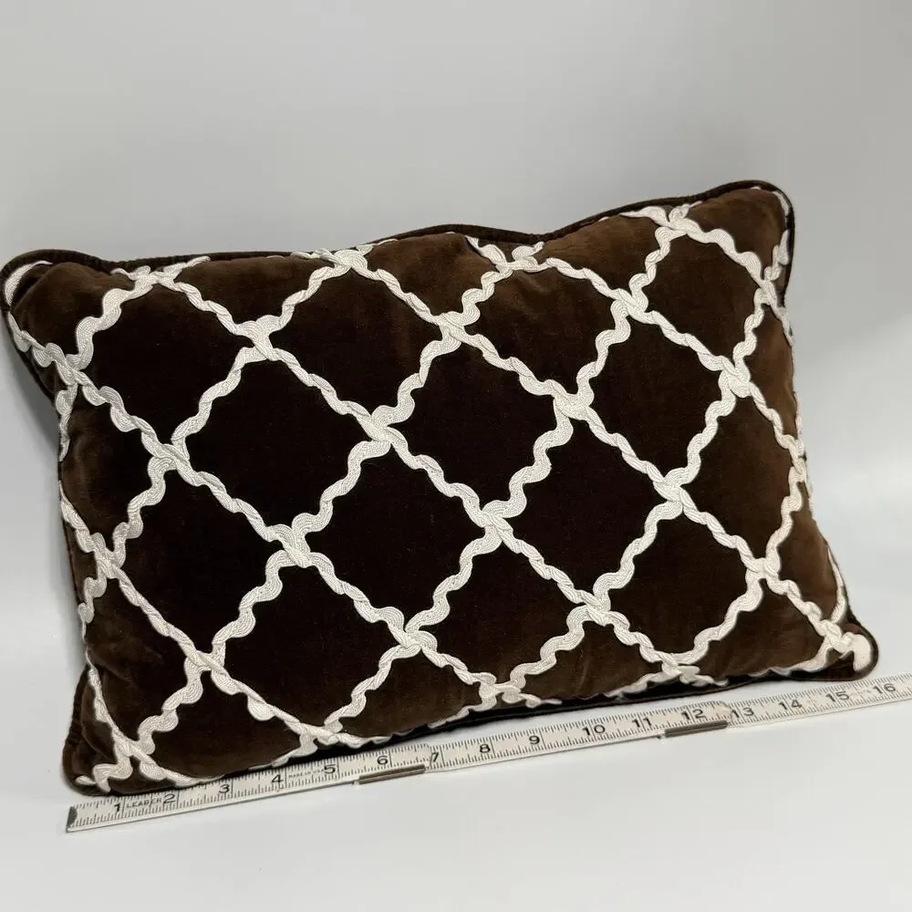 Vintage Brown Velvet White Bric a Brac Throw Accent Pillow 16